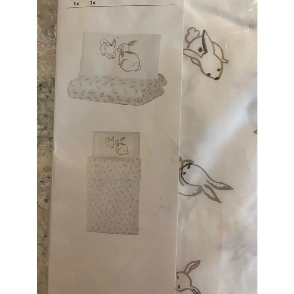 Ikea Rodhake Infant Crib Bunny Print Bedding Set - White and Tan